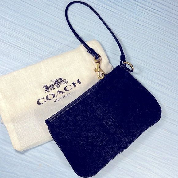 🌺 COACH SLIM BLACK POCKET LEATHER AND CANVAS SIGNATURE C WRISTLET BAG VINTAGE - Picture 2 of 7